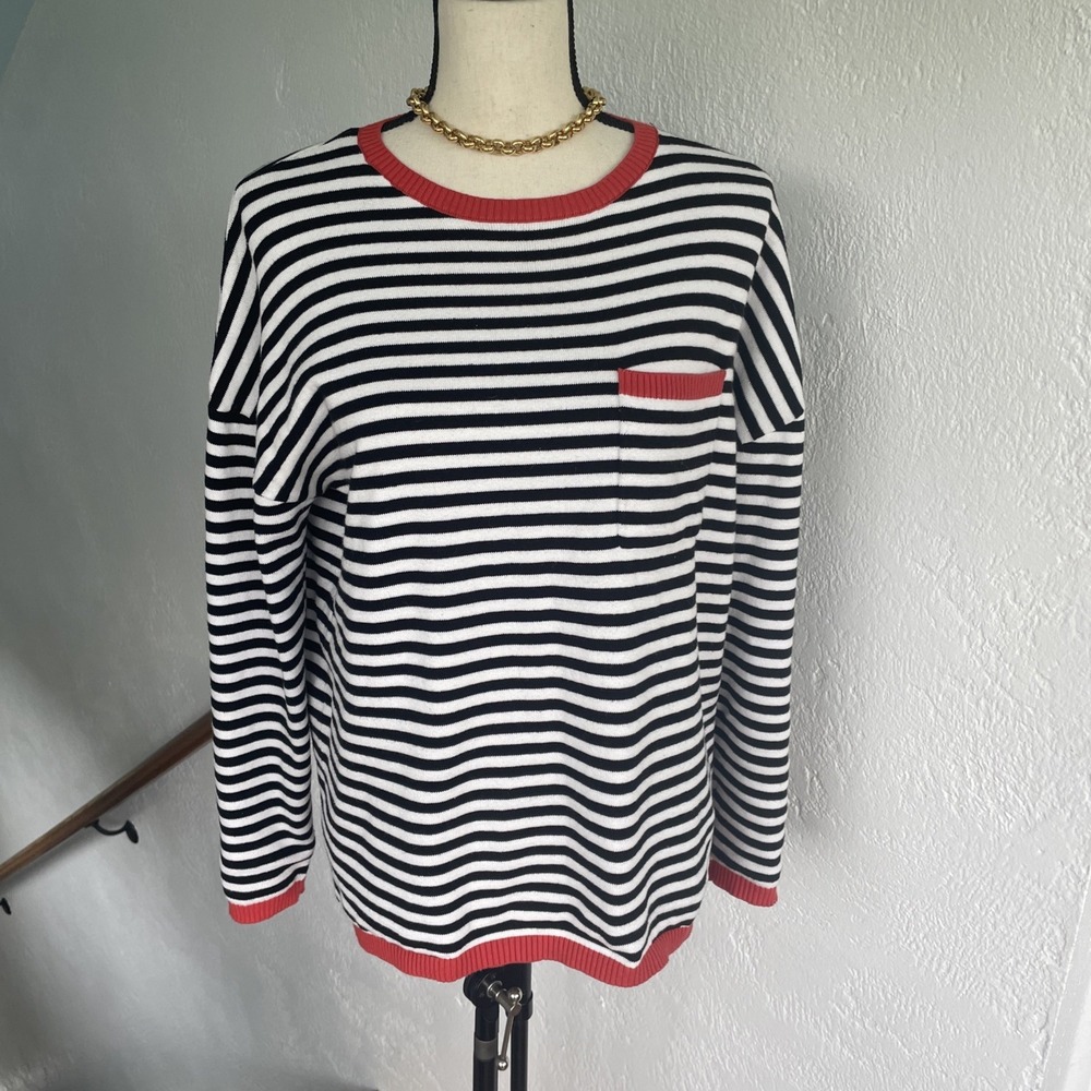 Lillusory Black And White Striped Sweater Womens Size M Crewneck Cotton Pullover
